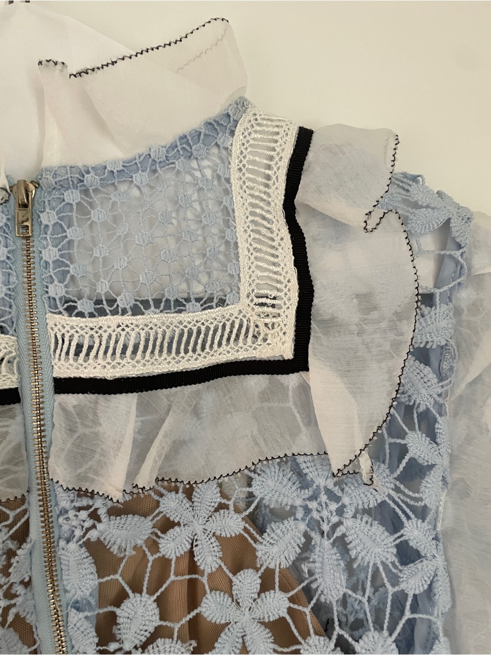 Self-Portrait Blue Lace Floral High-Neck Blouse with Contrast Bib - Picture 5 of 6